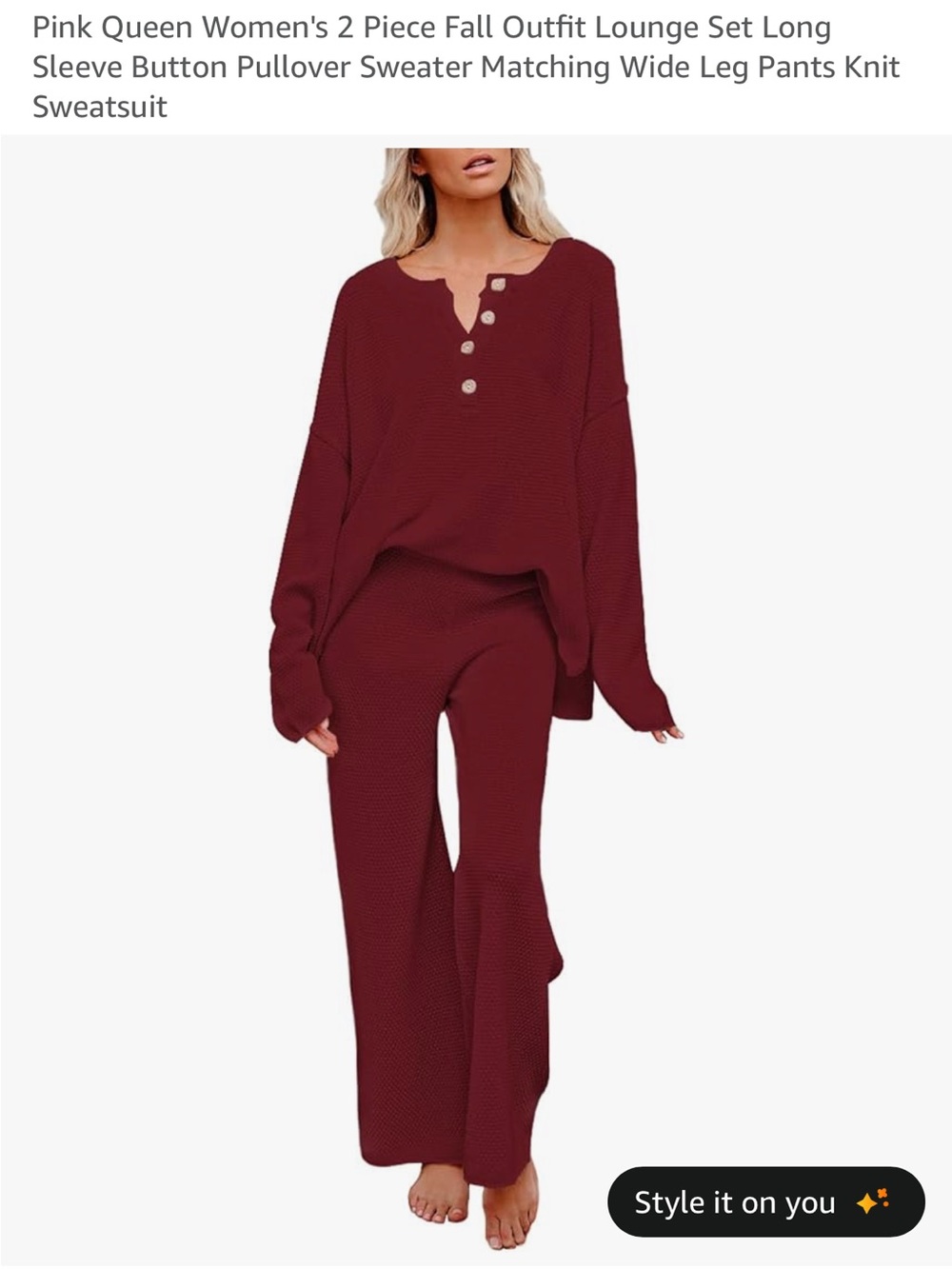 Women's Two-Piece Wide Leg Knit Lounge Set - Burgundy